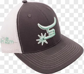 A grey mesh trucker hat with an embroidered logo on a transparent background.