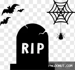 Halloween gravestone silhouette with bats and spiderweb transparent PNG.