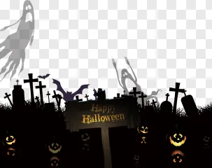 A rustic Happy Halloween sign with glowing jack-o'-lanterns and a bat on a transparent background.