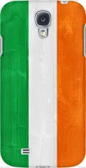 A Samsung phone case with a green, white, and orange Ireland flag design on a transparent background.