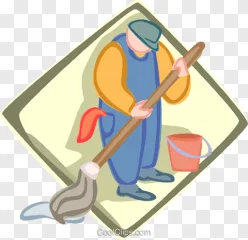 A janitor cleaning the floor with a mop next to a bucket shown on a transparent background.