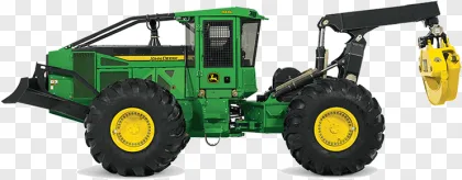A John Deere forestry skidder heavy machine shown on a transparent background.