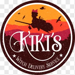 A vintage-style circular logo of Kiki's Witch Delivery Service on a transparent background.