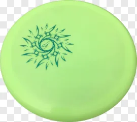A light green frisbee disc with tribal art is displayed on a transparent background.