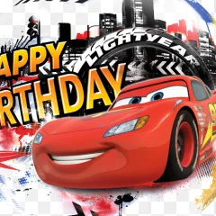 Lightning McQueen birthday graphic with a city skyline on a transparent background.