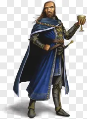 A medieval king wearing a blue cloak holds a golden goblet on a transparent background.
