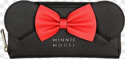 A black Minnie Mouse pouch with a red bow on a transparent background.