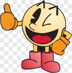 Pac Man giving a thumbs up in a cartoon style shown on a transparent background.