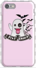 A pink phone case featuring a cartoon ghost, black bats, and a "Stay Creepy" banner on a transparent background.