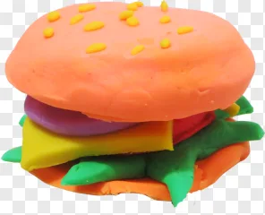 A handmade playdough burger crafted from colorful clay on a transparent background.