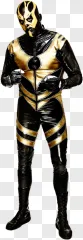 A professional wrestler in a gold and black suit stands on a transparent background.