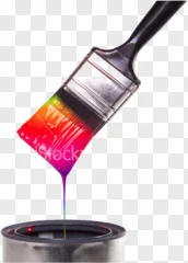 A paintbrush dripping rainbow paint over a can on a transparent background.