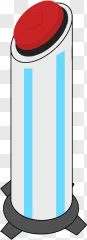 A 3D cartoon red button on a white base with blue stripes on a transparent background.