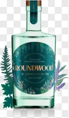 Roundwood London Dry Gin bottle with botanical label on a transparent background.