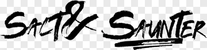 A white Salt And Saunter typography text logo displayed on a transparent background.