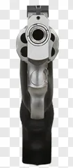 A silver revolver viewed from the front pointing forward on a transparent background.