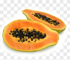 Two halves of a ripe papaya with black seeds on a transparent background.