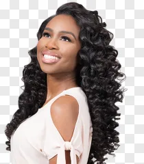 A smiling Black woman with long curly hair on a transparent background.