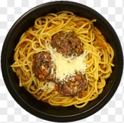 A bowl of spaghetti with meatballs and parmesan cheese on a transparent background.