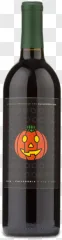 A spooky Halloween wine bottle with a jack o lantern label shown on a transparent background.