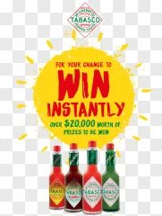 Four Tabasco hot sauce bottles displayed underneath a promotional win banner on a transparent background.