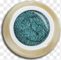 A round teal glitter gel jar shown on a transparent background.