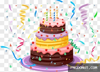 A colorful three-tier birthday cake with lit candles and confetti is shown in this transparent PNG.