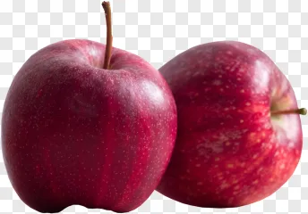 Two fresh red apples on a transparent background.