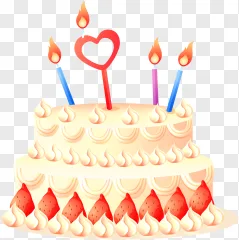 A decorated two tier birthday cake with lit candles and strawberries on a transparent background.