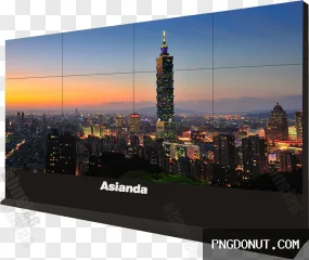 A transparent PNG of a video wall displaying the Taipei city skyline at dusk.