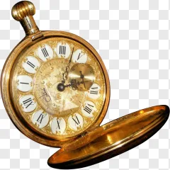 A vintage gold pocket watch with Roman numerals on a transparent background.