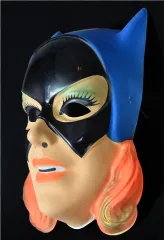A vintage Halloween mask with blue ears is shown on a transparent background.