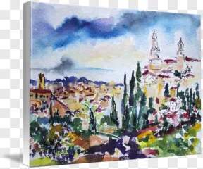 A watercolor Italian cityscape landscape painting shown on a transparent background.