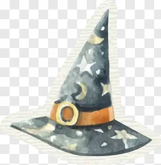 A watercolor witch hat with a starry night sky pattern on a transparent background.