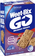 A blue and purple box of Weet-Bix Go breakfast biscuits on a transparent background.