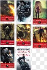 A collage of The Witcher book covers featuring fantasy art on a transparent background.