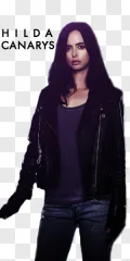 A woman in a black leather jacket and jeans on a transparent background.