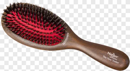 A realistic wooden hair brush with bristles shown on a transparent background.