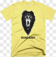 A yellow T-shirt with a roaring lion graphic and the text Roar Baby on a transparent background.