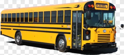 A classic yellow school bus in side view on a transparent background.