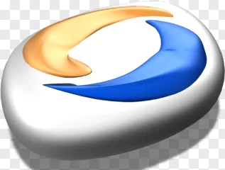 An abstract 3D shape with orange and blue swirls is shown on a transparent background.