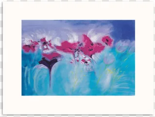 An abstract painting of vibrant pink floral blossoms on a transparent background.