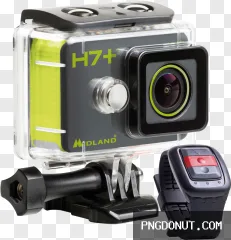 Black and gray action camera with remote control and mount in a clear transparent PNG.