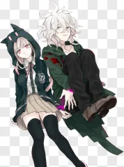 An anime boy and girl sitting handcuffed together in a somber illustration on a transparent background.