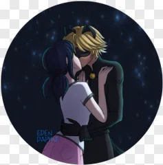 Anime couple embracing under a starry night sky on a transparent background.