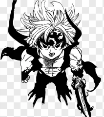 A black and white anime warrior holding a sword on a transparent background.
