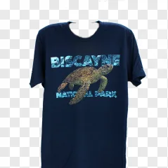 A dark blue t-shirt featuring a typography sea turtle graphic and Biscayne National Park text on a transparent background.