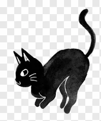 Playful cartoon black cat walking on a transparent background.