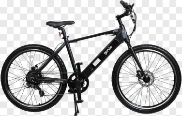 A black electric mountain bike shown in a side profile on a transparent background.