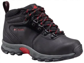 A black hiking boot with red laces and a grey sole on a transparent background.